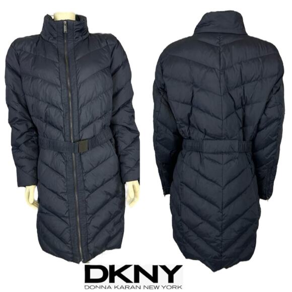 DKNY Navy puffer down 3/4 length coat with belt size 2x * - Picture 1 of 12